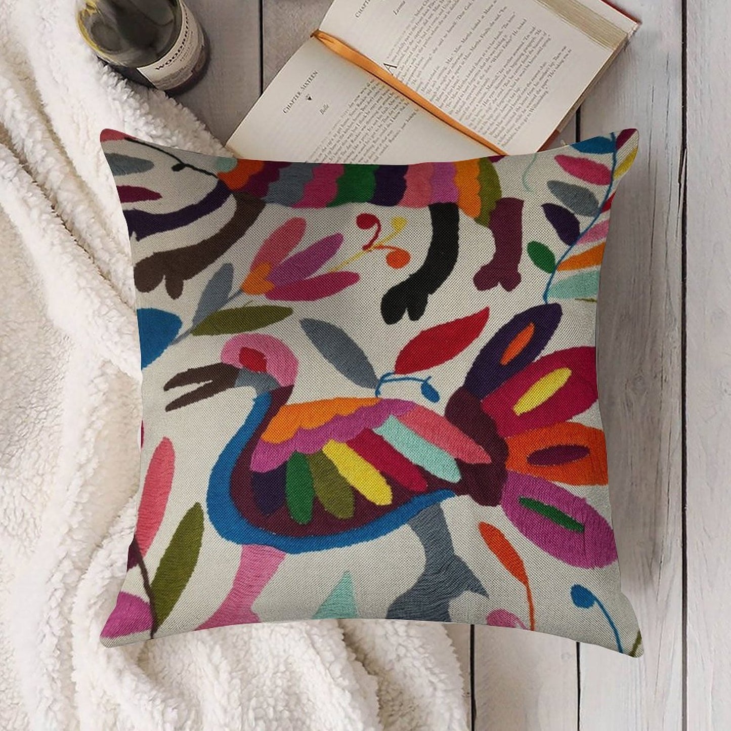 Mexican Otomi Embroidery Linen Throw Pillow Cover