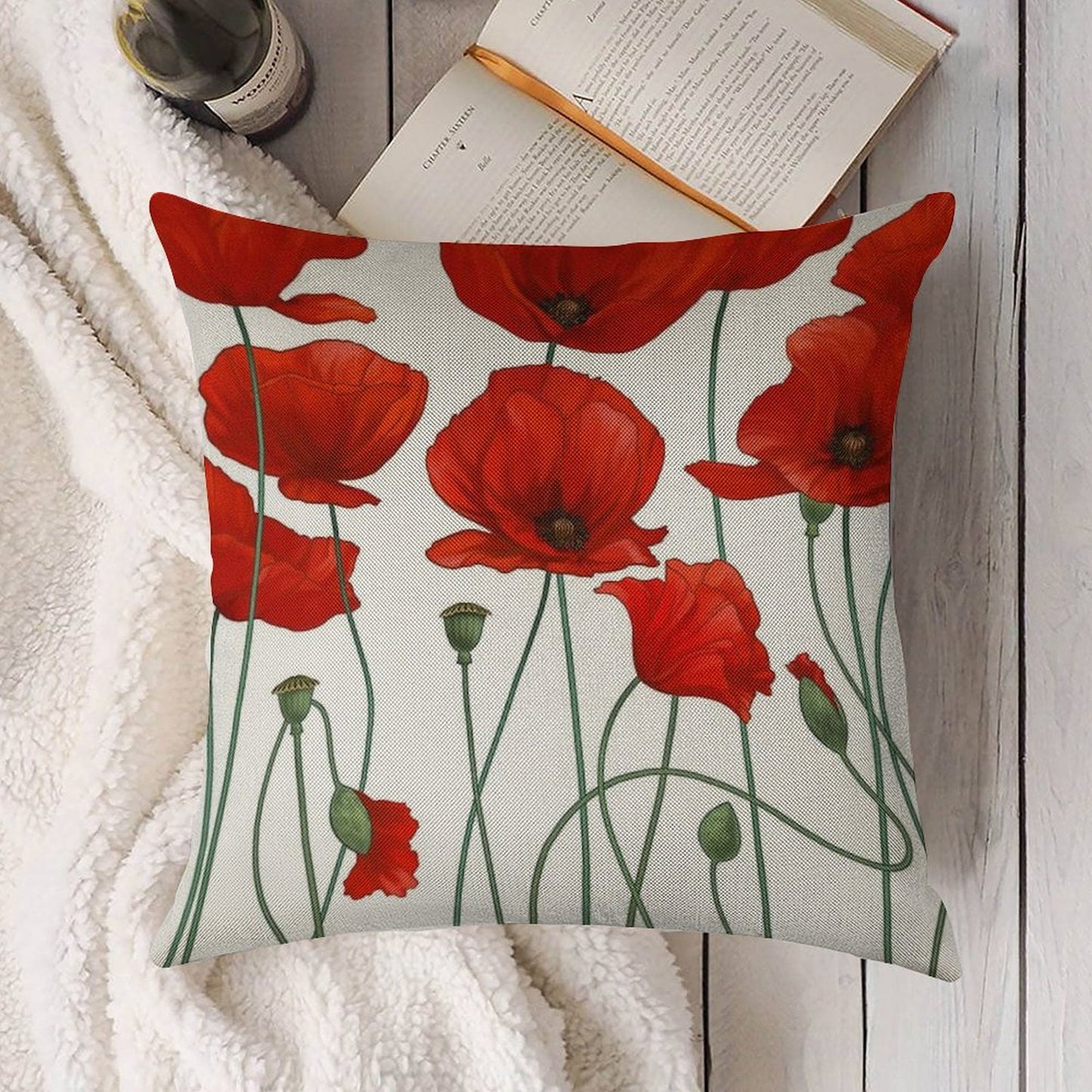 Poppy Stems. Linen Throw Pillow Cover