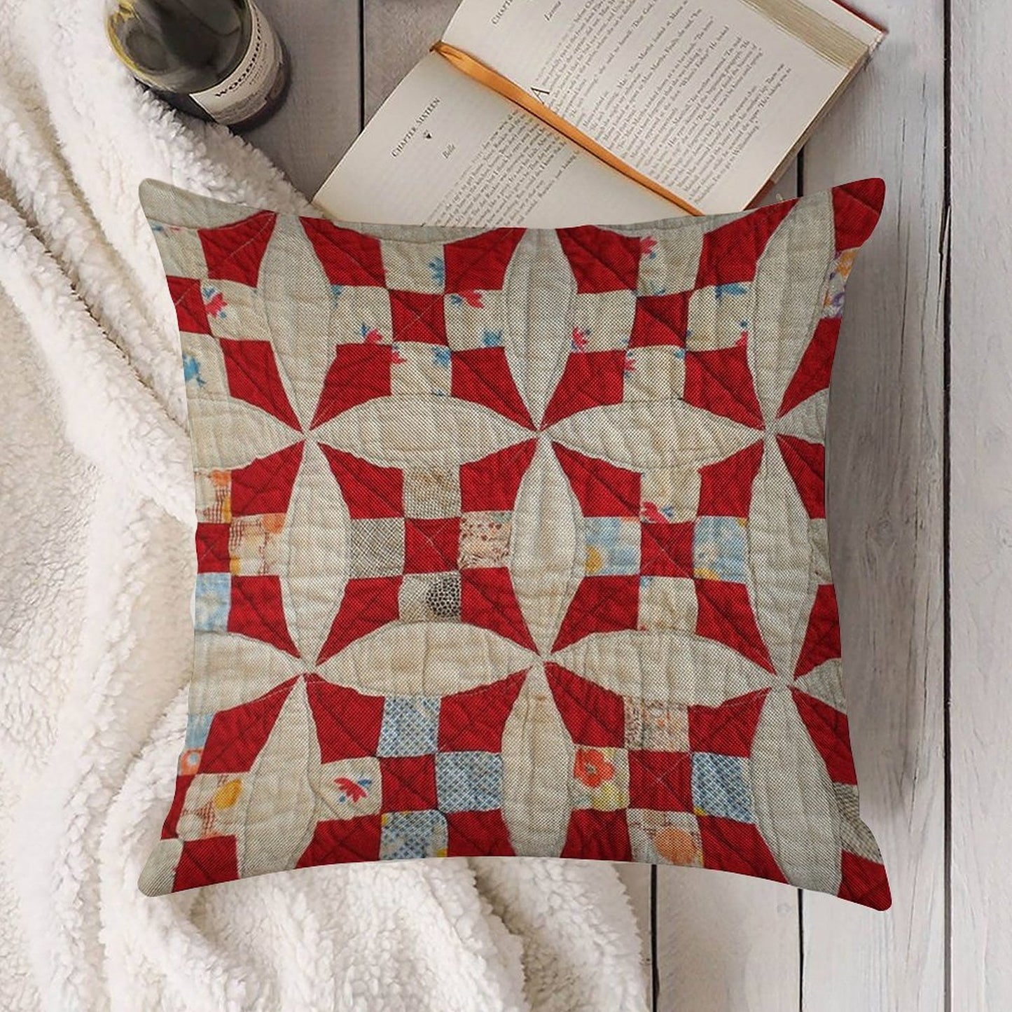 Vintage Patchwork Quilt in Red And White Linen Throw Pillow Cover