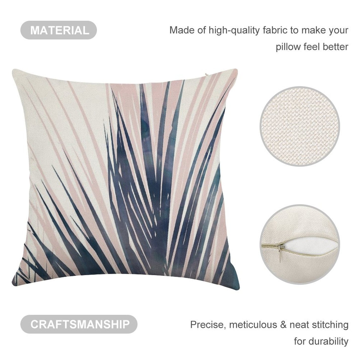 Contemporary Palm Leaf in Navy Blue And Blush Pink Linen Throw Pillow Cover