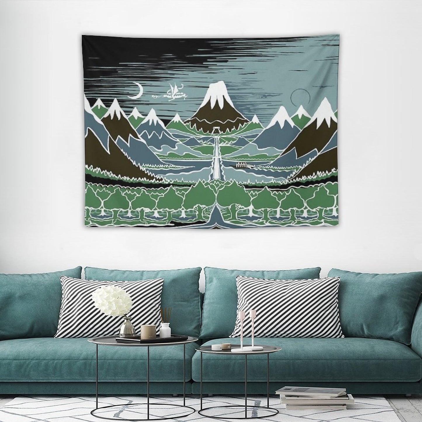 A Halflings Journey on A Mountain Path Through An Elven Wood in The Style of J.R.R.Tolkien Tapestry