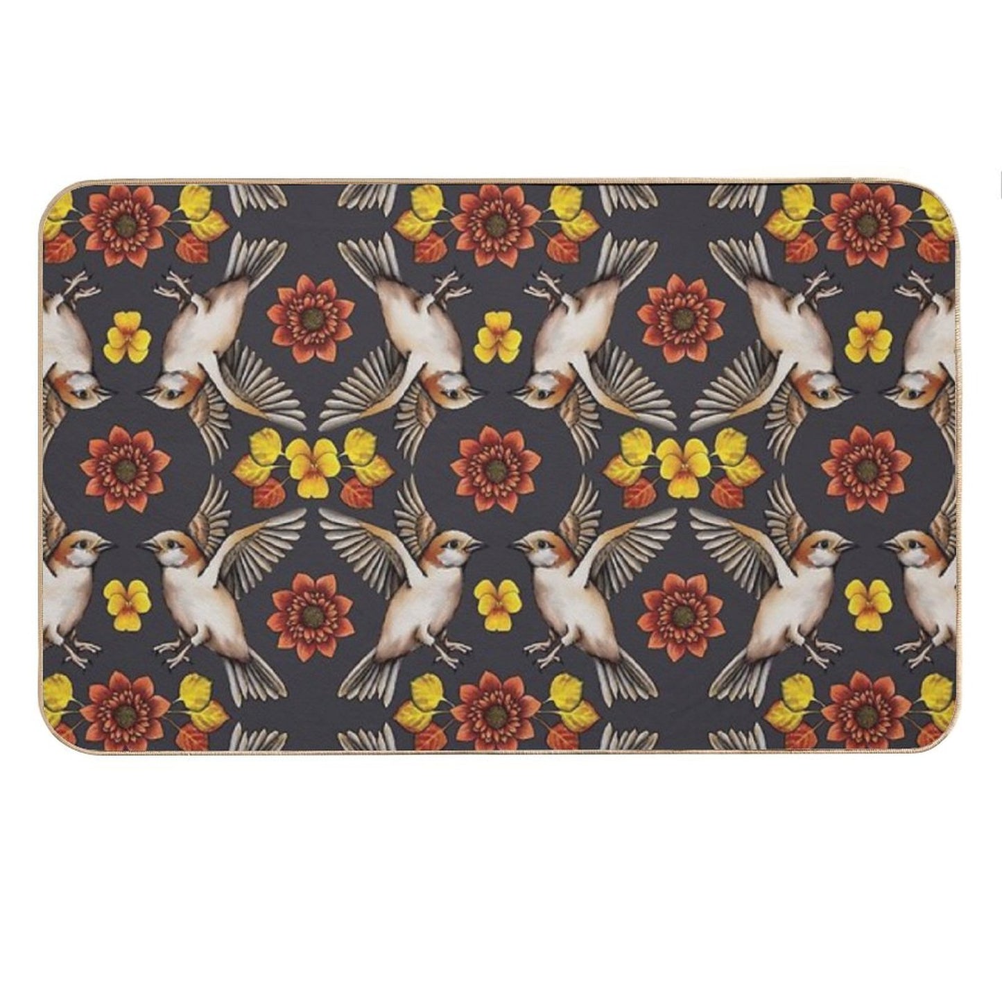 Autumn Sparrows with Flowers & Leaves Bath Mat