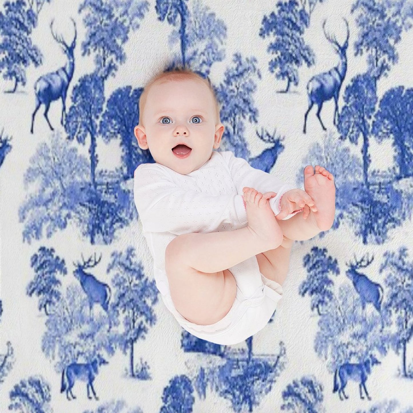 Elegant Vintage Blue Toile Deer in Woodland Throw Blanket