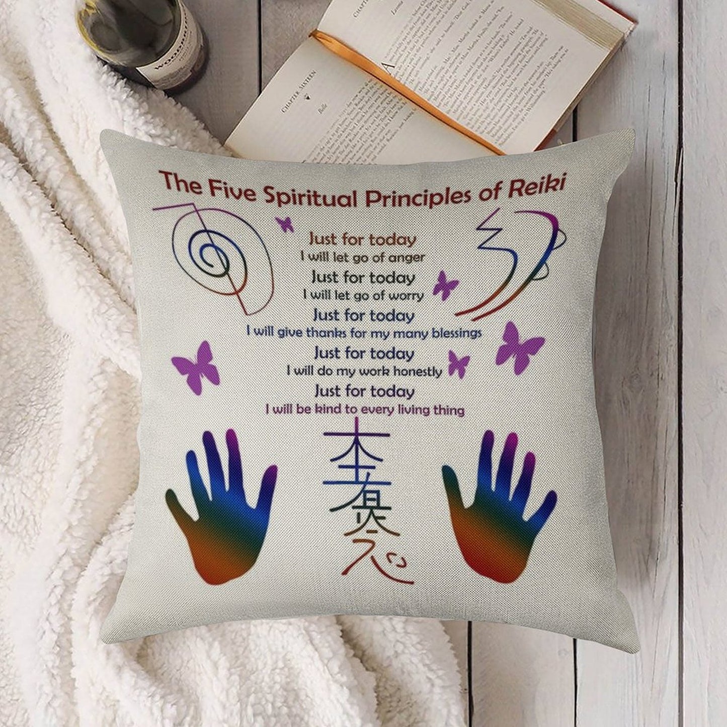The 5 Principles of Reiki Linen Throw Pillow Cover