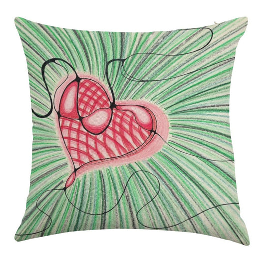 Heart Design with Green Background Linen Throw Pillow Cover