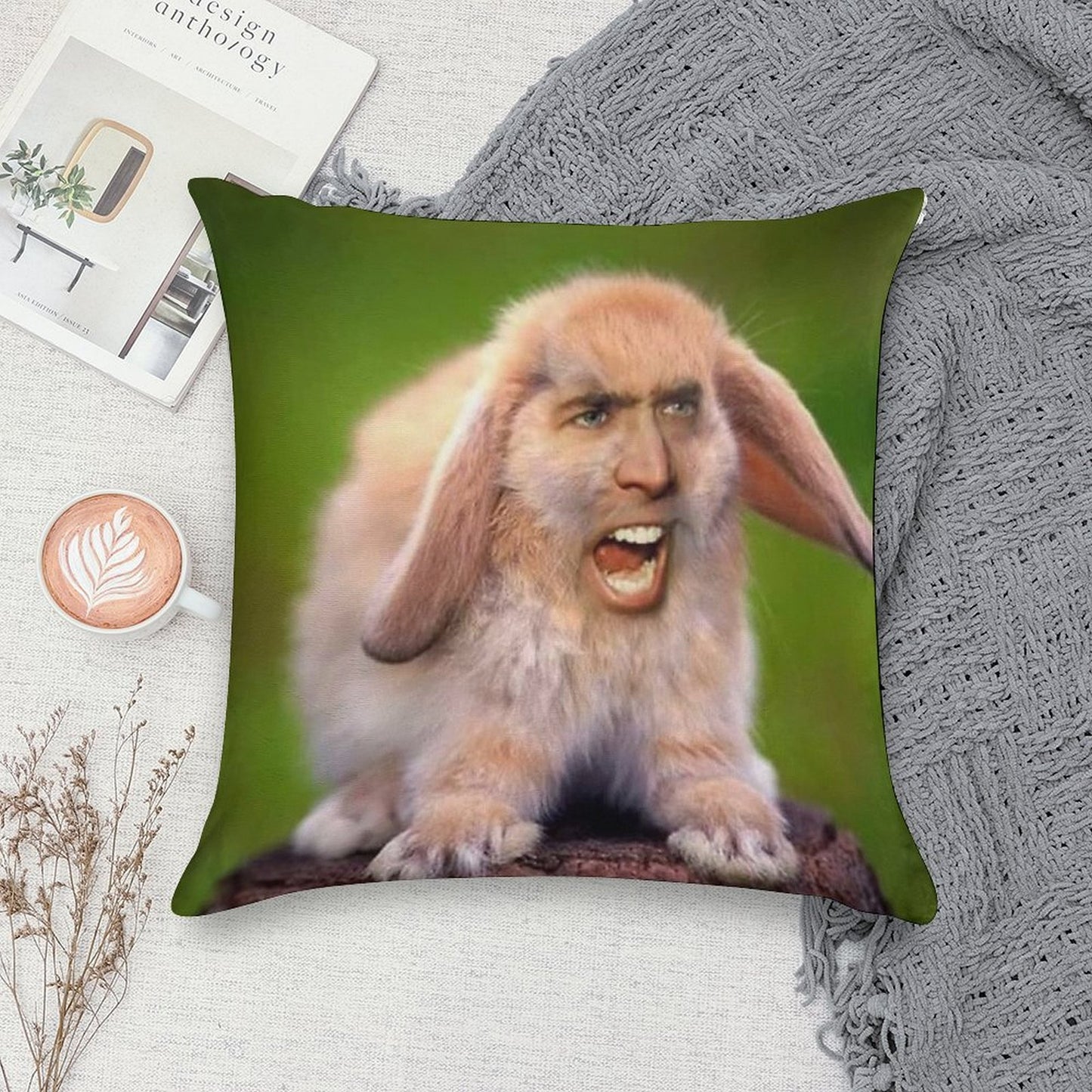 Nicolas Cage Bunny Photoshop Soft Warmth Comfort Throw Pillow