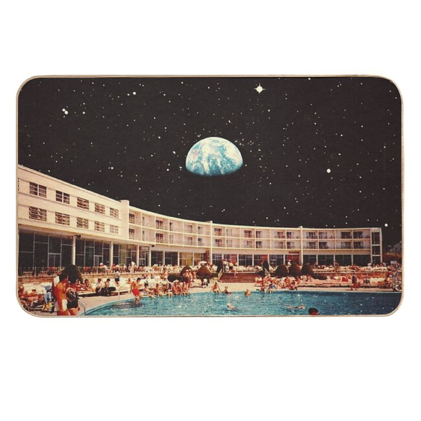 Lunar Pool Life - Retro-Futuristic Holiday Resort, Science Fiction Collage Fade-Resistant Bath Mat
