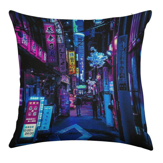 Blue Tokyo Alleys Linen Throw Pillow Cover