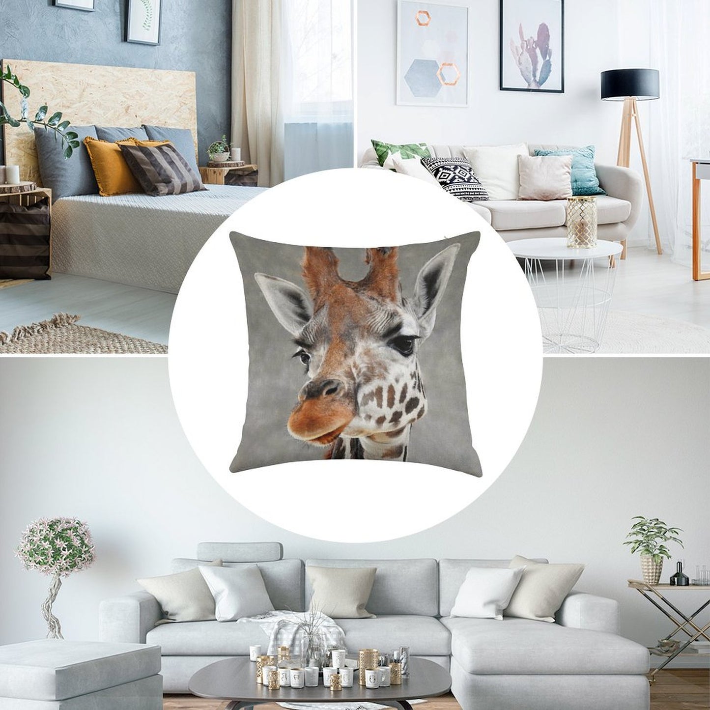 Giraffe on Grey Linen Throw Pillow Cover