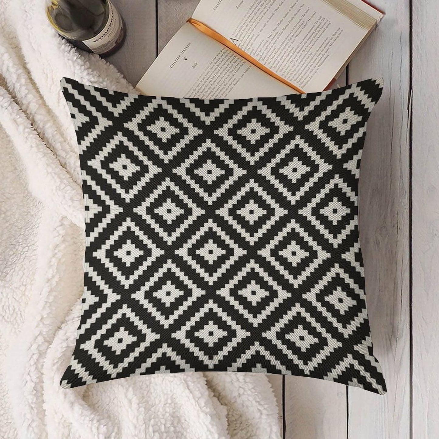 Aztec - White on Black Linen Throw Pillow Cover