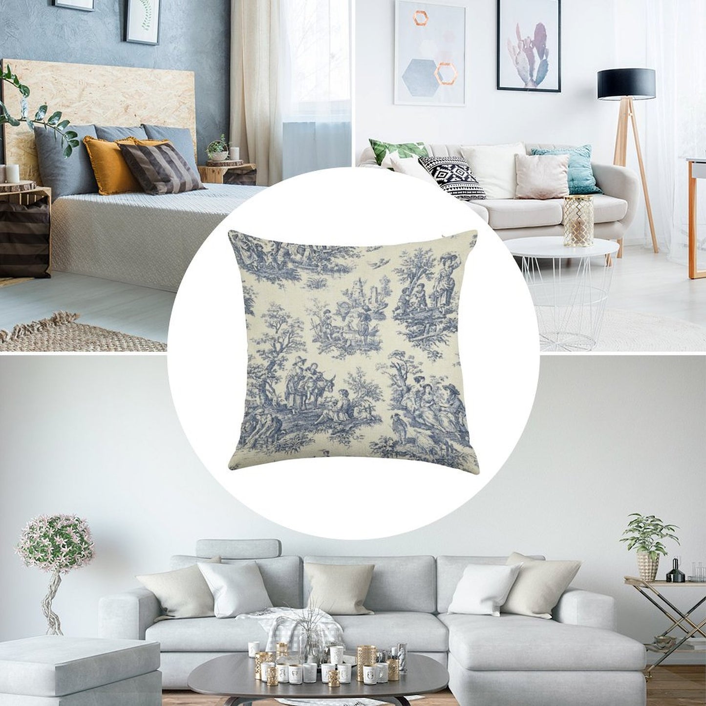 Powder Blue French Toile Picnic Designs Linen Throw Pillow Cover