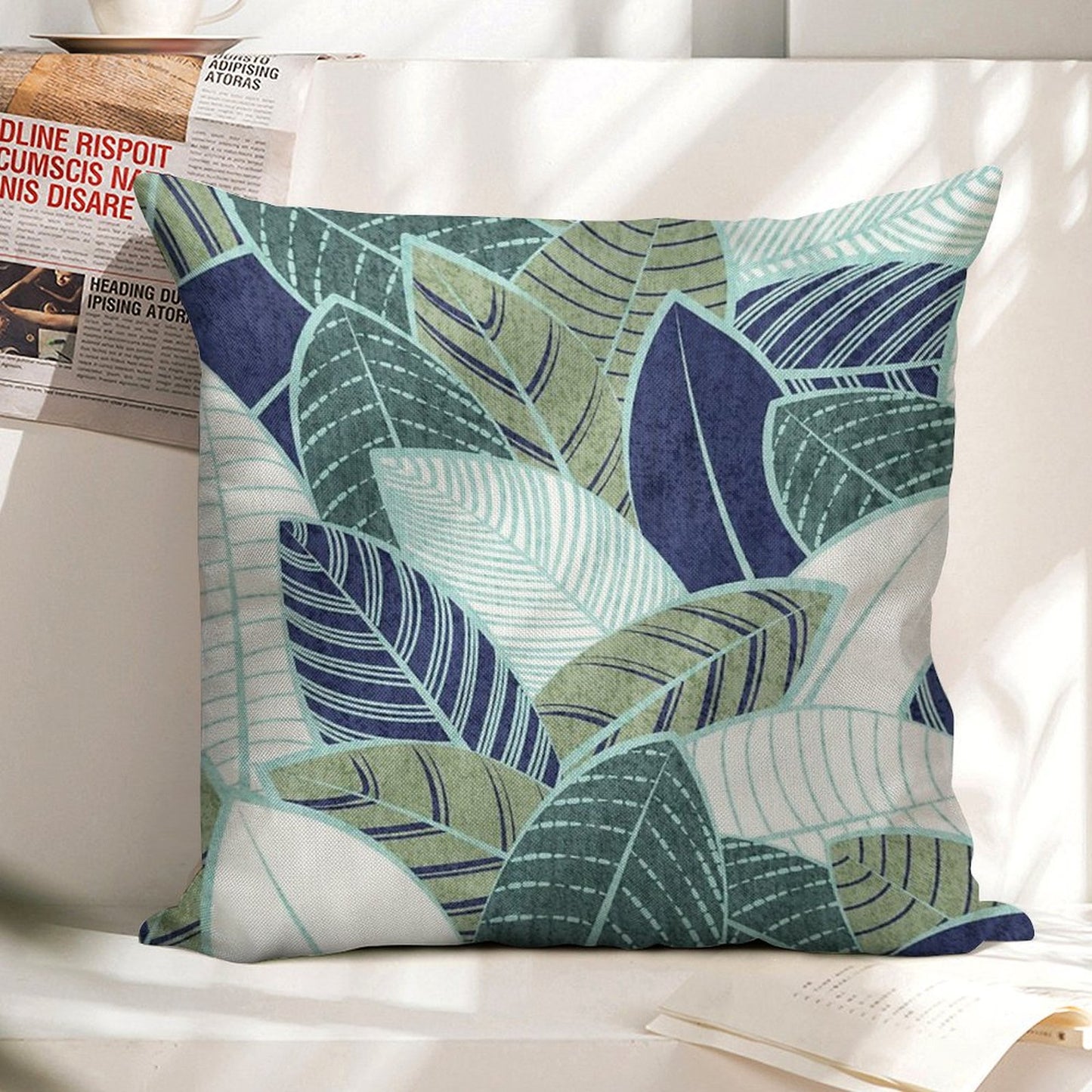 Leaf Wall Navy Blue Pine And Sage Green Leaves Mint Lines Linen Throw Pillow Cover