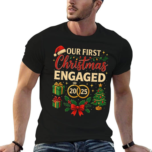 Our First Christmas As Engaged 2025, Matching Xmas Wrinkle-resistant T-Shirt