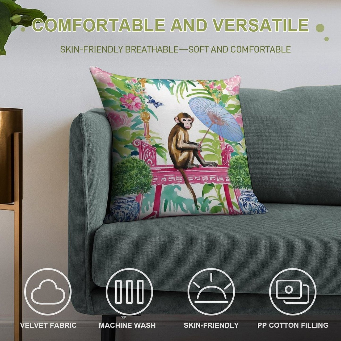 Monkey in Chinoiserie Garden Soft Washable Throw Pillow