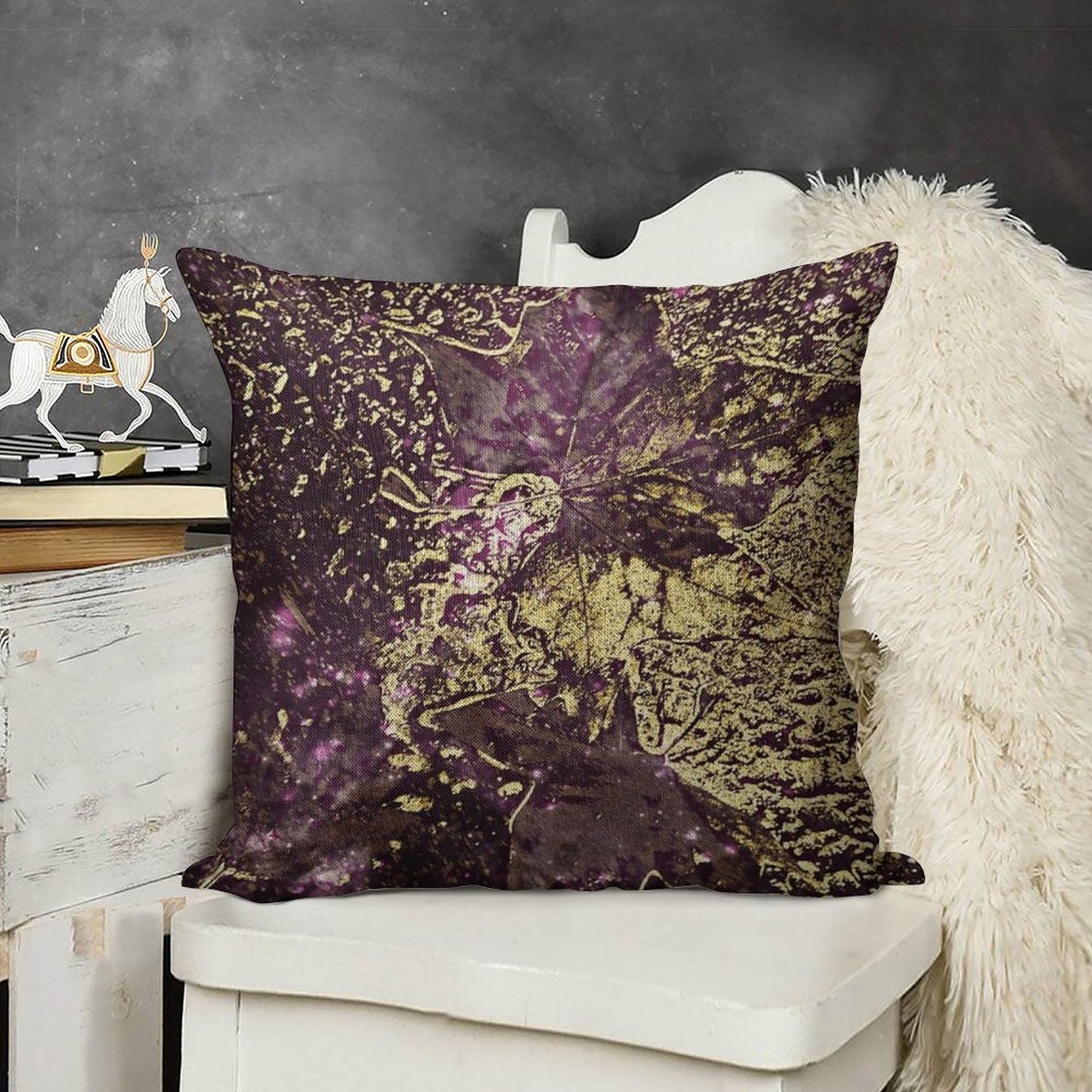 Two Purple Leaves in Melted Gold Linen Throw Pillow Cover