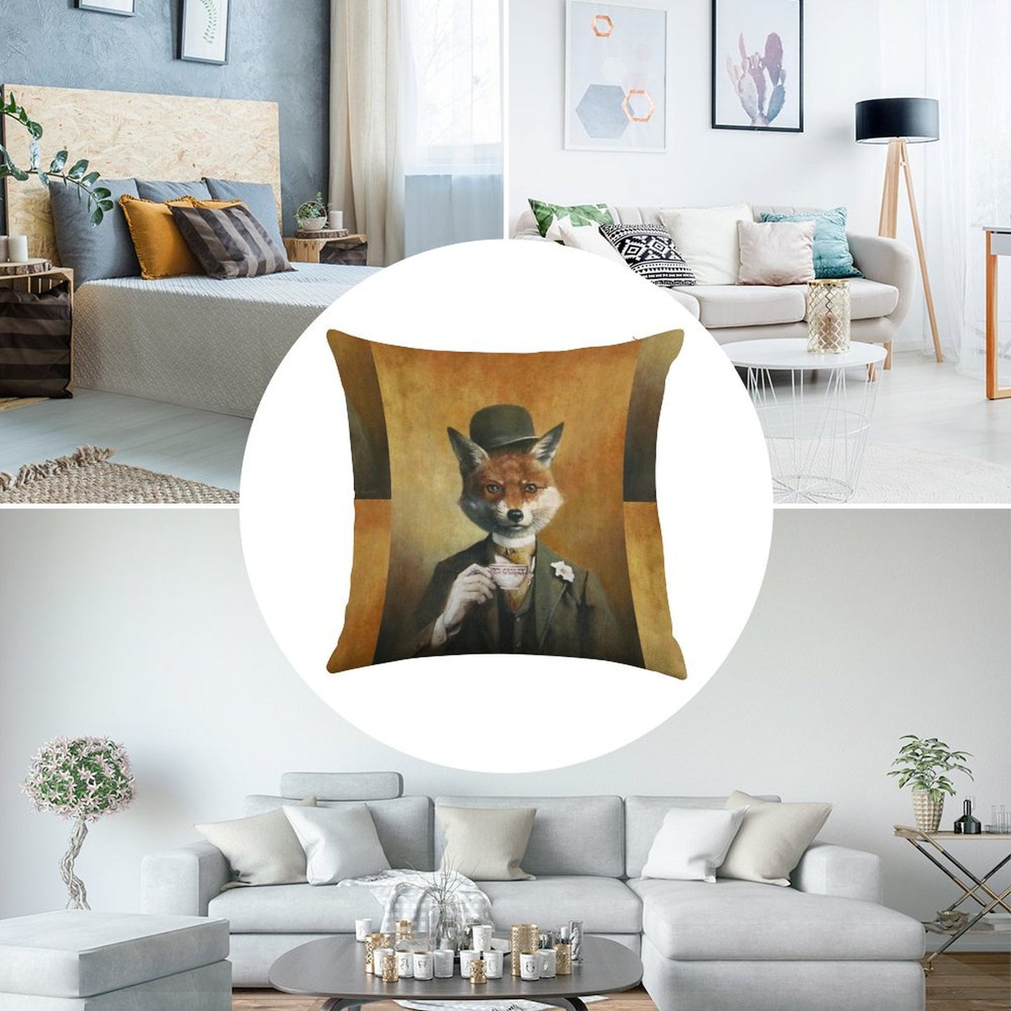 Teatime Mr Fox Linen Throw Pillow Cover