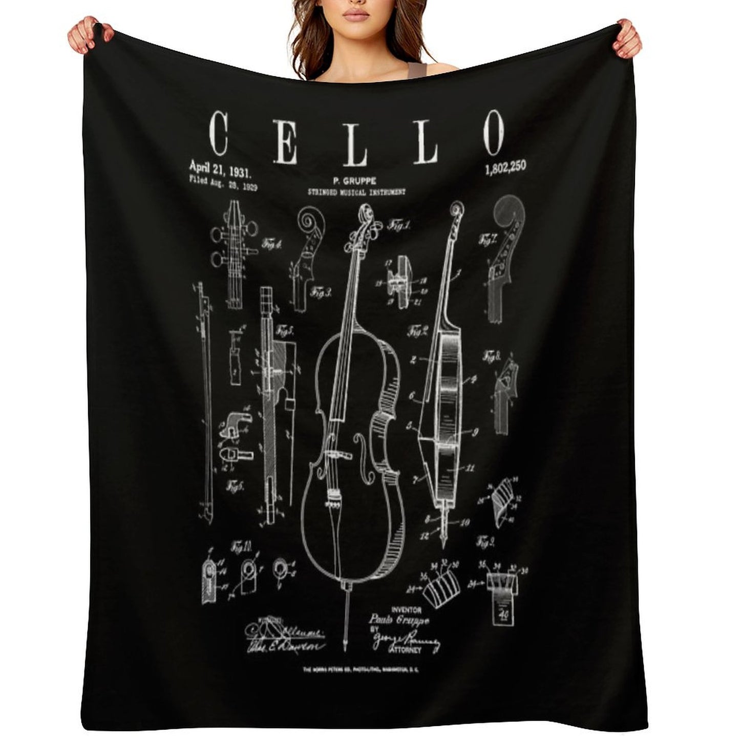 Cello Vintage Patent Cellist Drawing Print Throw Blanket