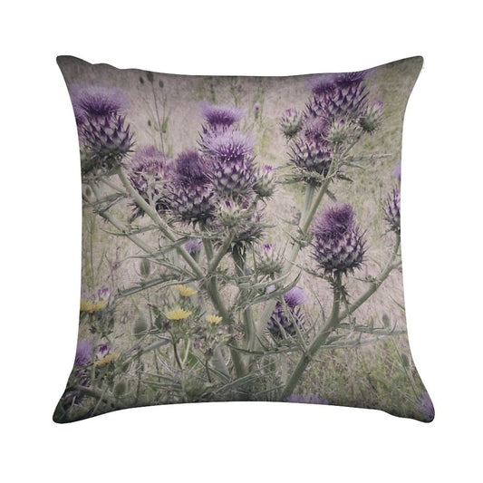 Purple Thistle Flowers with Yellow Daisies. Soft Reinforced Edging Throw Pillow