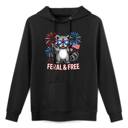 Feral & Free Raccoon Funny Patriotic 4th of July Kangaroo Pocket Hoodie