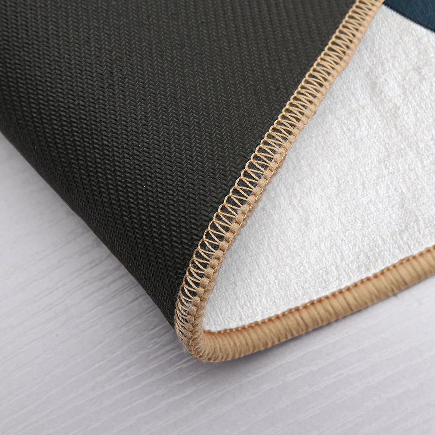 Abstract Geometric Minimalist Navy Blue, Light Mustard Yellow, And White Bath Mat