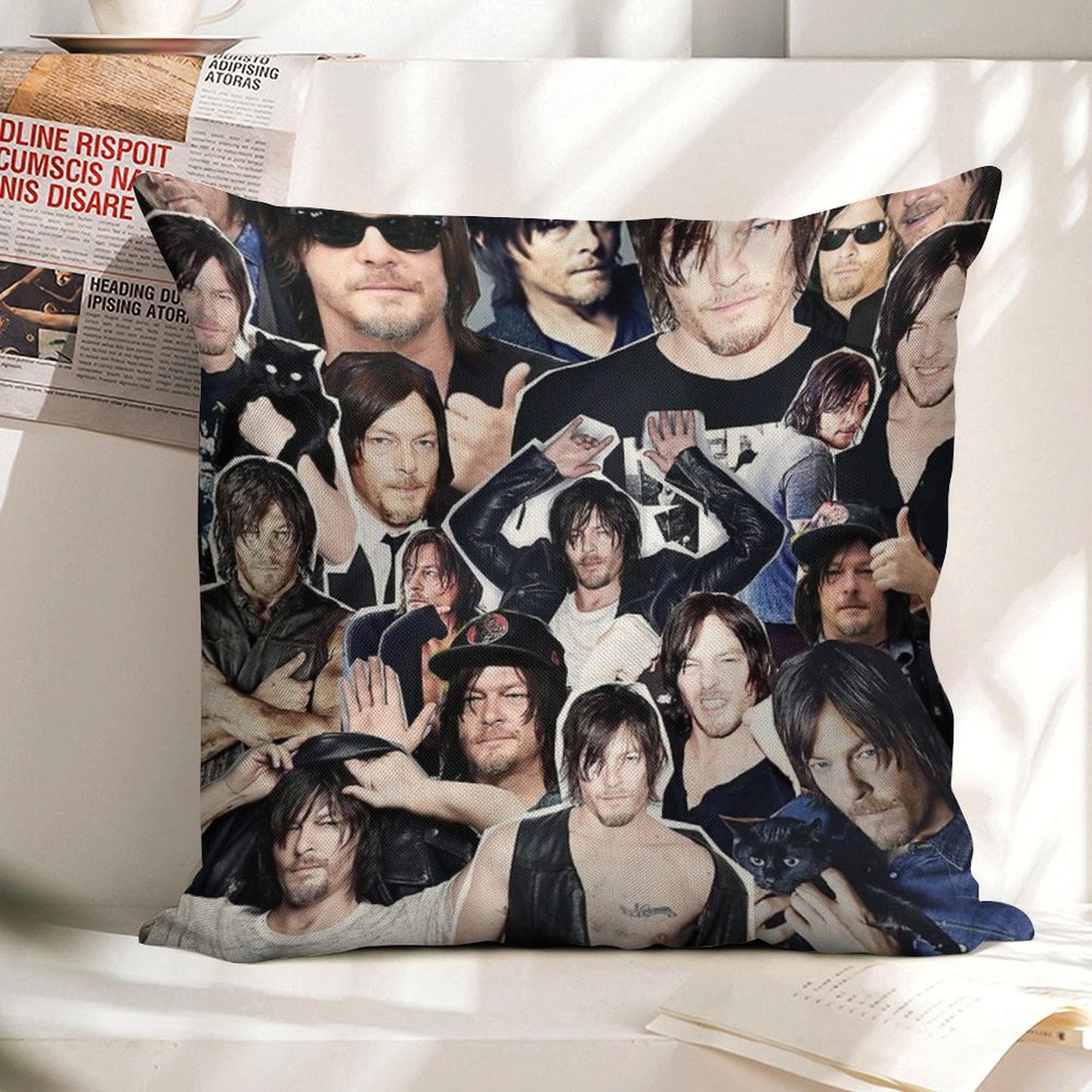 Norman Reedus Collage Linen Throw Pillow Cover