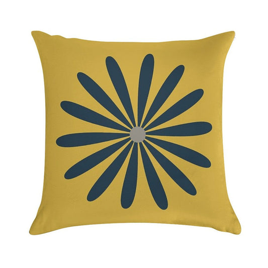 Big Daisy in Navy Blue And Grey on Light Mustard Yellow. Minimalist Mid Century Modern Geometric Retro Floral Soft Multiple Sizes Throw Pillow