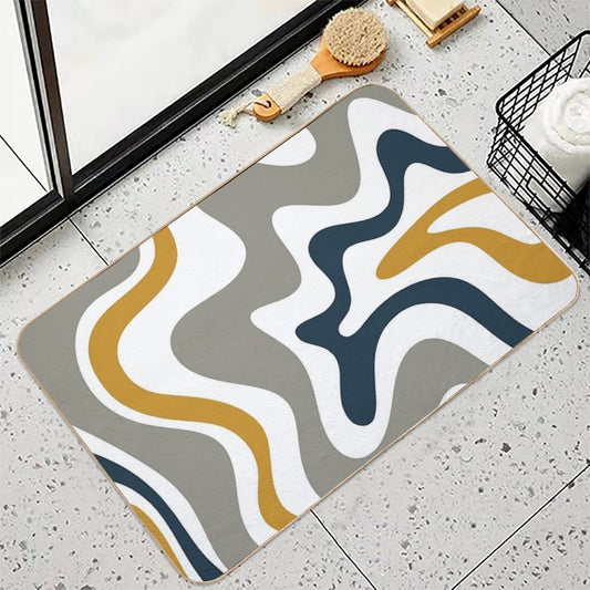 Liquid Swirl Contemporary Abstract in Mustard Yellow, Navy Blue, Grey, And White Bath Mat