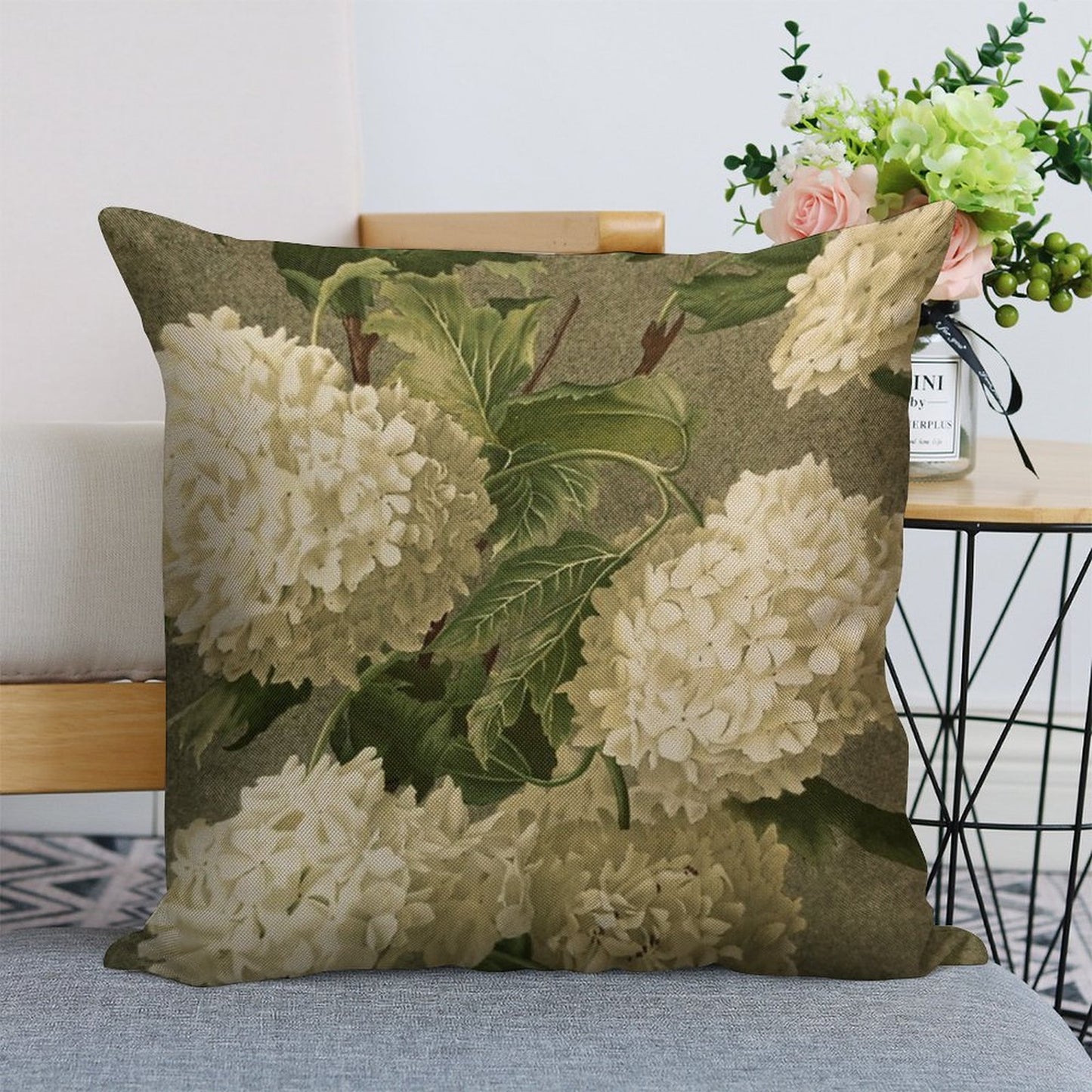 Vintage Victorian White Hydrangea Floral Linen Throw Pillow Cover