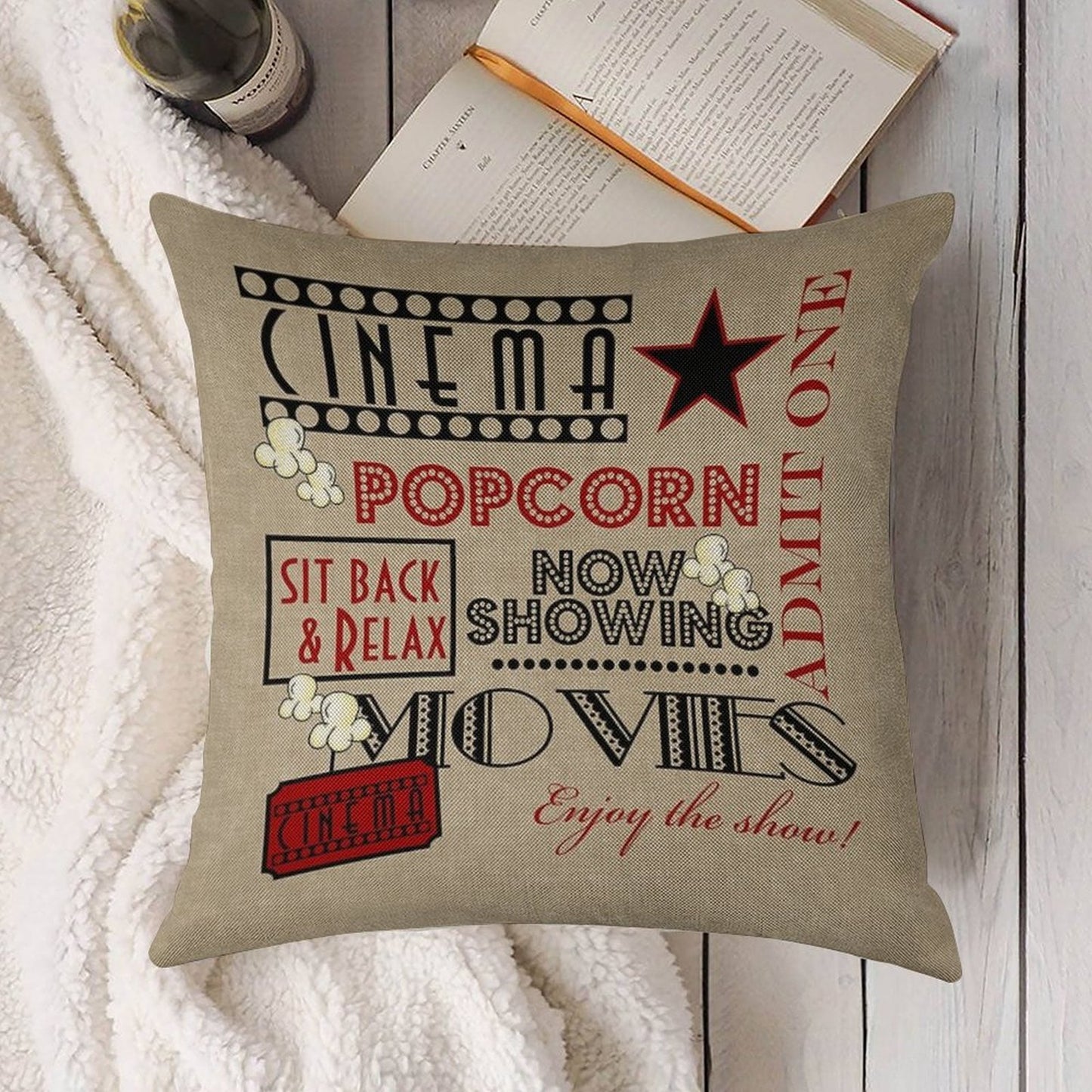 Movie Theater Cinema Admit One Ticket Pillow-Red Linen Throw Pillow Cover