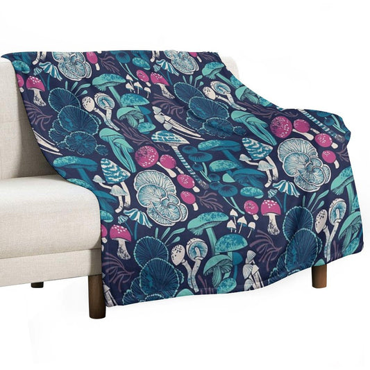 Mystical Fungi Midnight Blue Background Mint Teal And Dark Pink Wild Mushrooms Throw Blanket