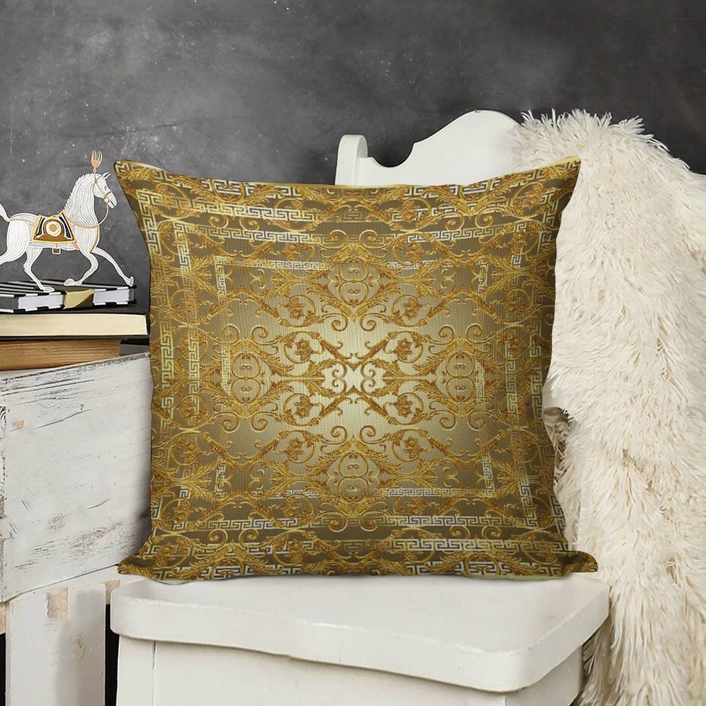 Greek Keys 4 Golden Baroque Style Linen Throw Pillow Cover