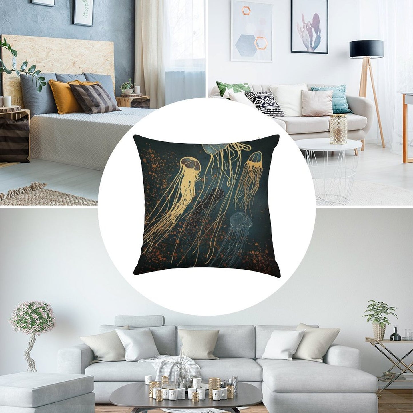Metallic Jellyfish Linen Throw Pillow Cover