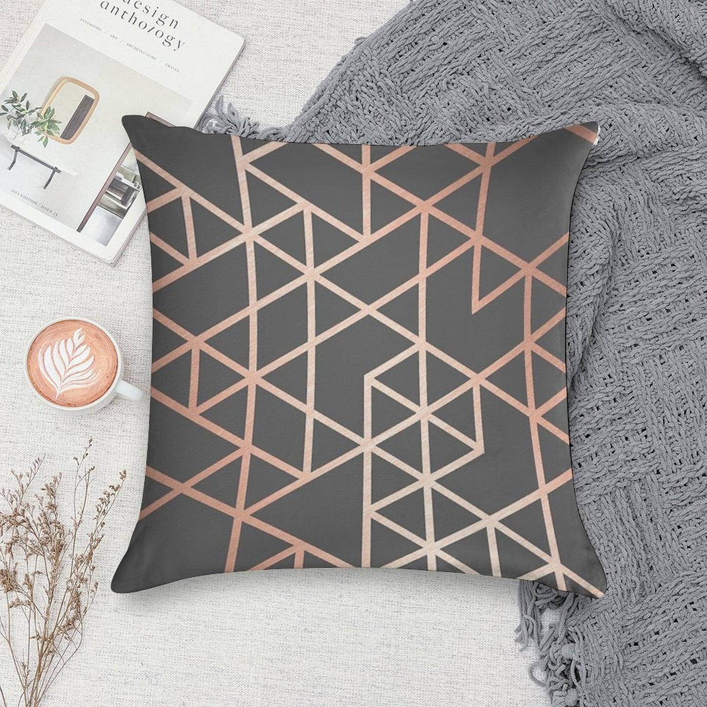 Rose Gold And Gray Geometric Pattern Soft Luxury Feel Throw Pillow