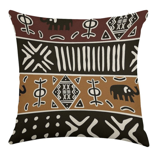 African Mud Cloth with Elephants Linen Throw Pillow Cover