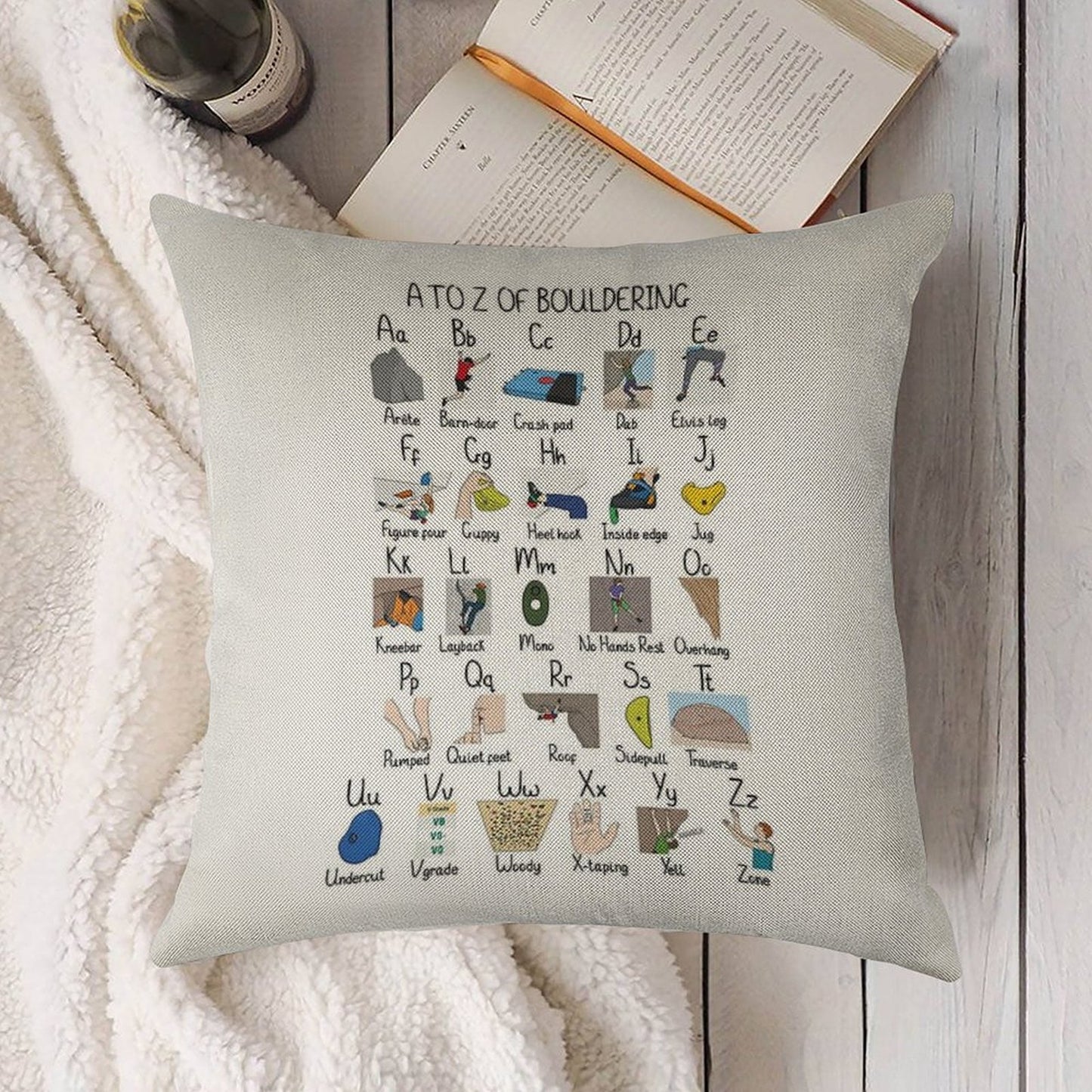 A to Z of Bouldering Linen Throw Pillow Cover
