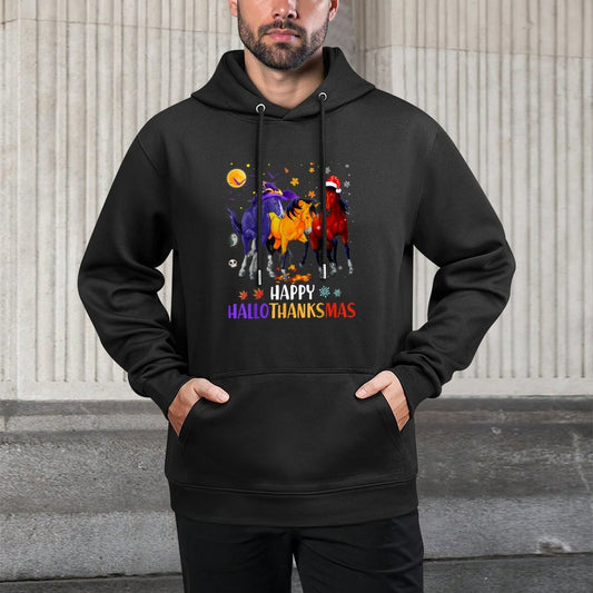 Happy Hallothanksmas Horse Halloween Thanksgiving Christmas Shape Retention Hoodie