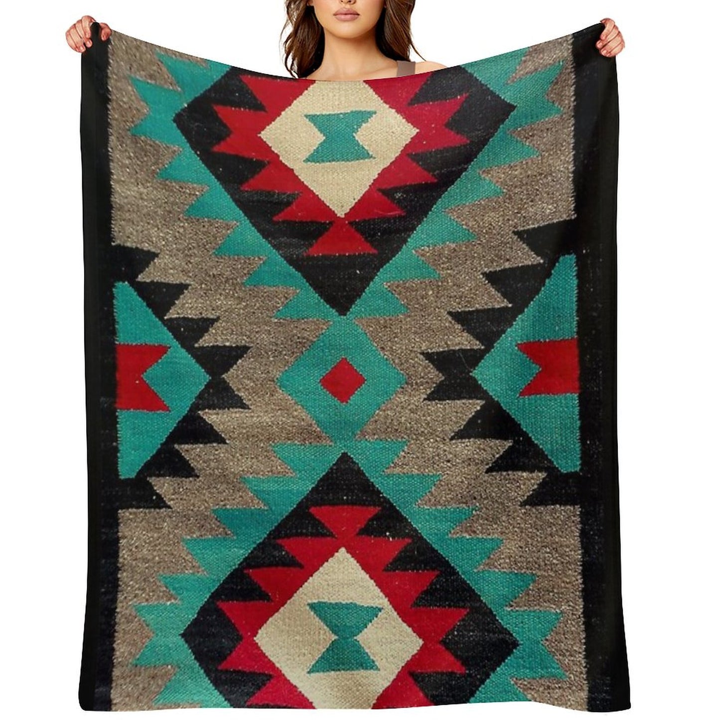 Navajo Blanket Pattern, Turquise, Red, Grey, Black Throw Blanket