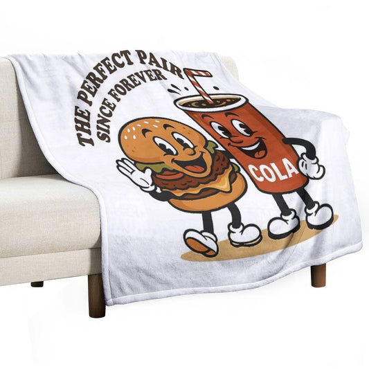 The Perfect Pair Since Forever – Retro Burger & Cola Mascots Throw Blanket