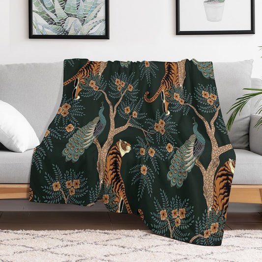 Vintage Tiger And Peacock in The Jungle Throw Blanket