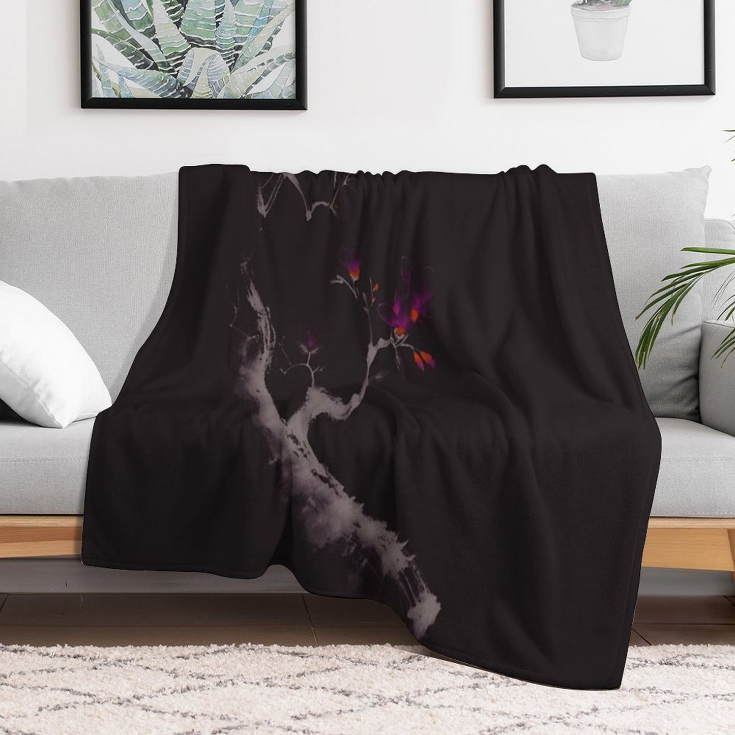 Enchanting Oriental Artwork of A Budding Sakura Branch with Deep Violet Flowers Art Print Throw Blanket