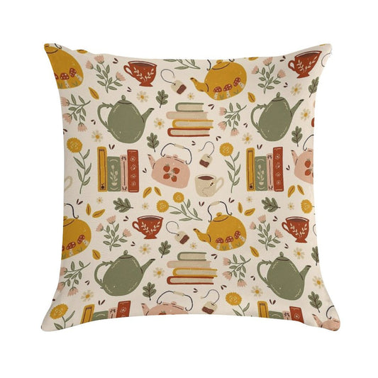 Flowery Books And Tea Soft Bedroom Essential Throw Pillow