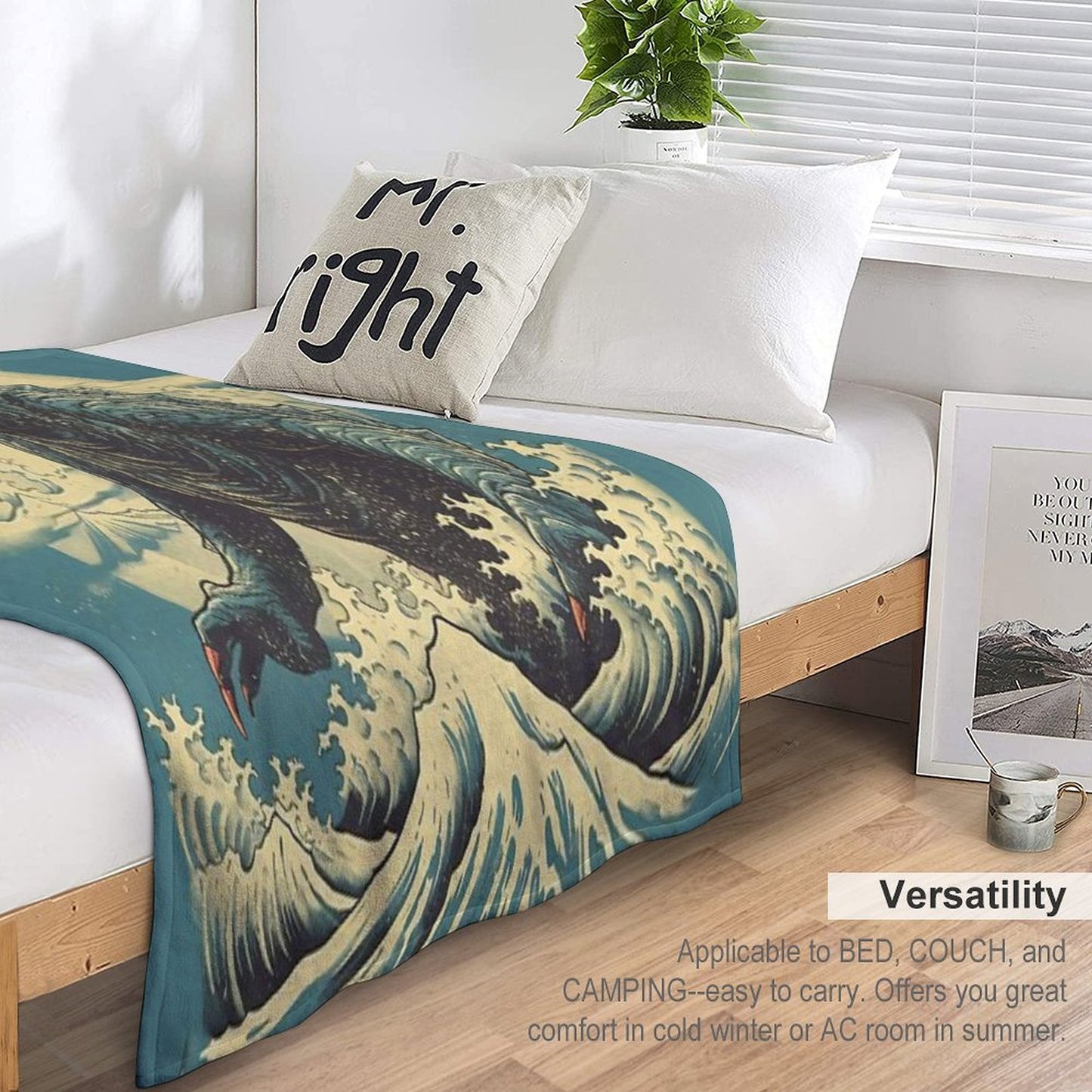 Vintage Japanese Godzilla Great Wave Throw Blanket