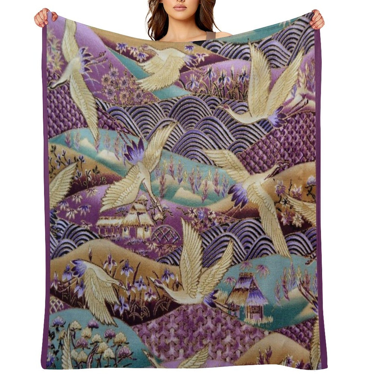 Japanese Crane Kimono Style Embroidered Pattern Throw Blanket