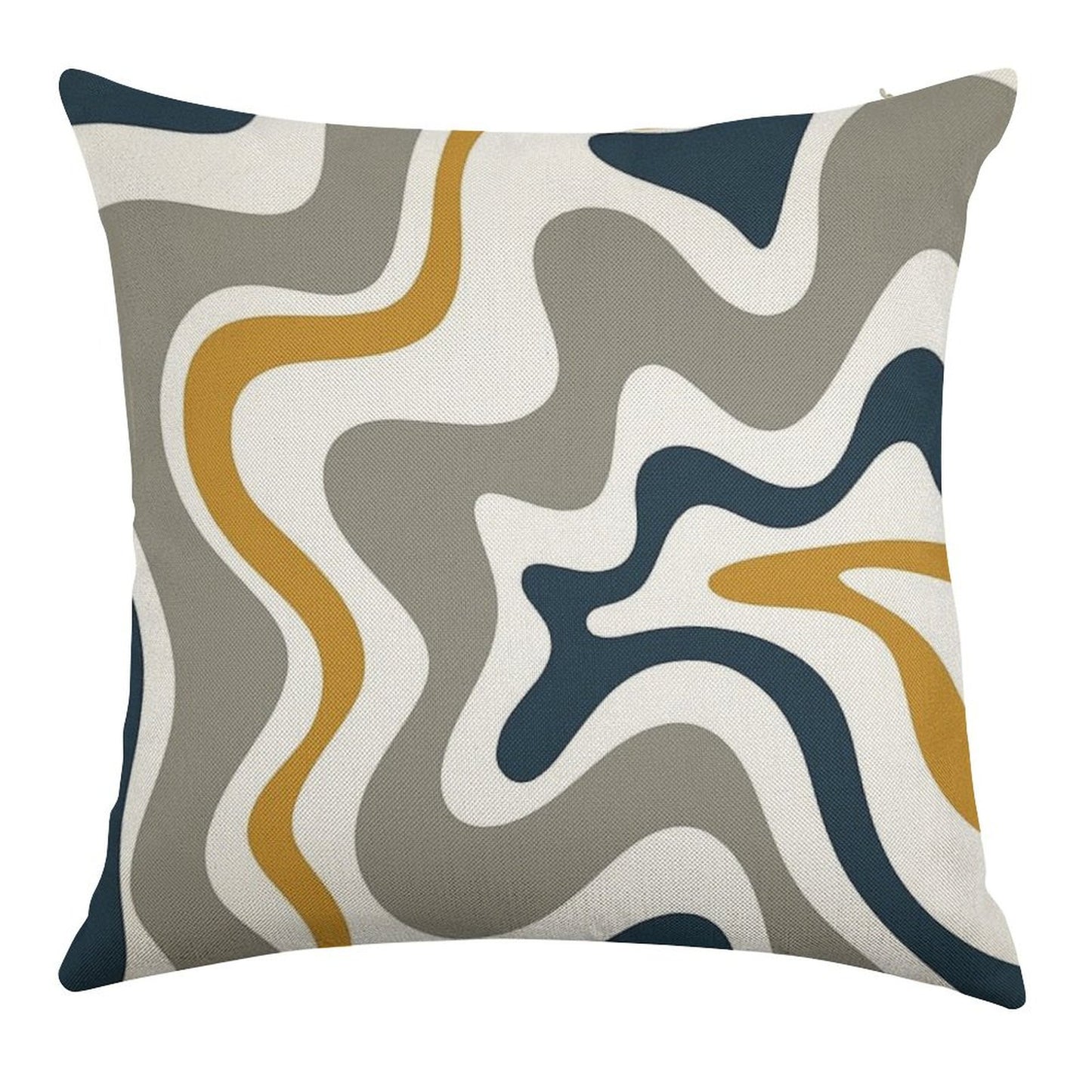Liquid Swirl Contemporary Abstract in Mustard Yellow, Navy Blue, Grey, And White Linen Throw Pillow Cover