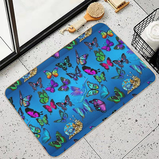 Pattern Of Butterflies, Hummingbirds And Snails Dirt-Trapping Bath Mat