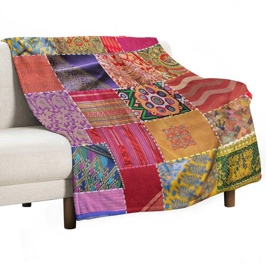 Boho Art Sari Patchwork Quilt Throw Blanket
