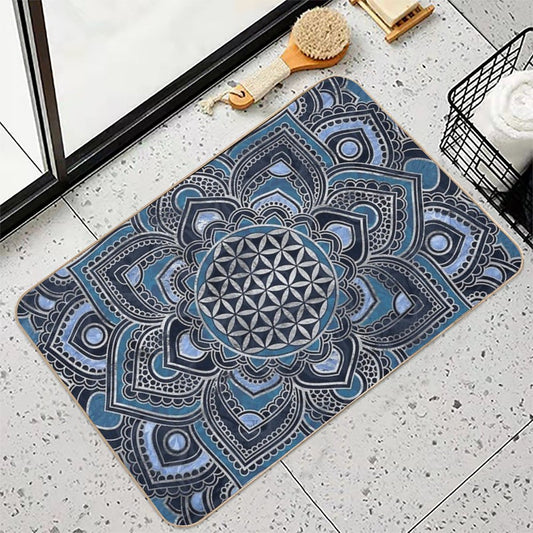 Flower of Life in Lotus Mandala - Blue Crystal And Silver Bath Mat