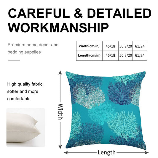 Fan Coral Print, Turquoise, Aqua And Cobalt Blue Linen Throw Pillow Cover