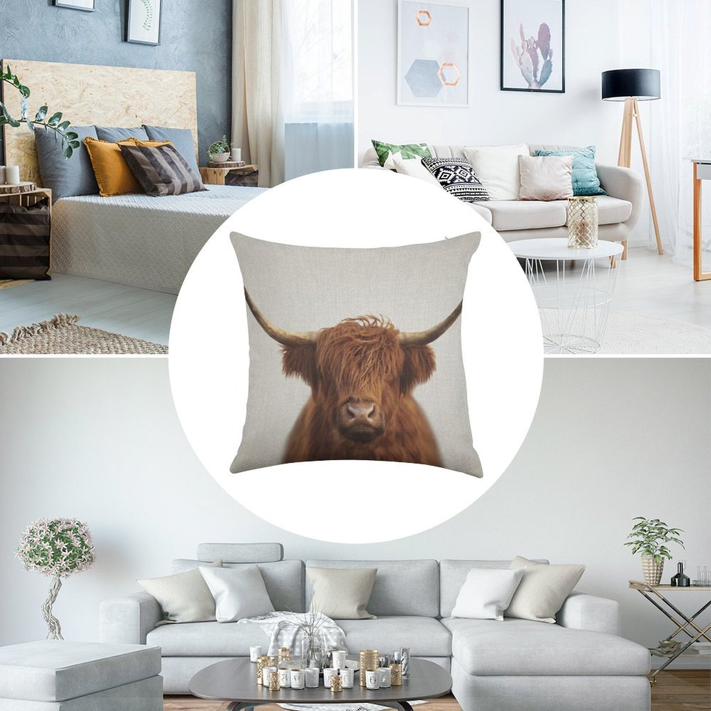 Highland Cow - Colorful Linen Throw Pillow Cover