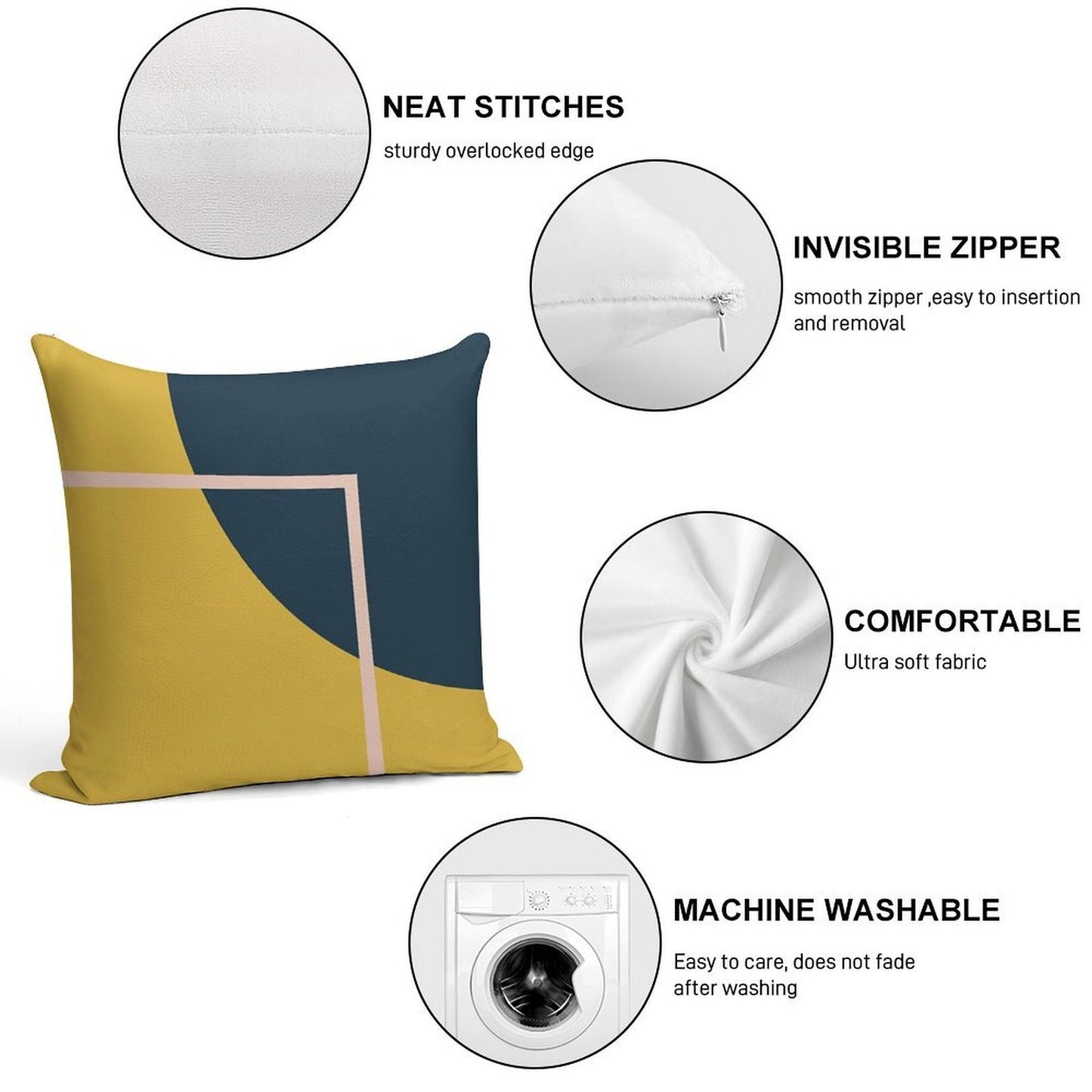 Abstract Geometric Minimalist Navy Blue, Mustard Yellow, And Blush Pink Soft Skin-Friendly Throw Pillow